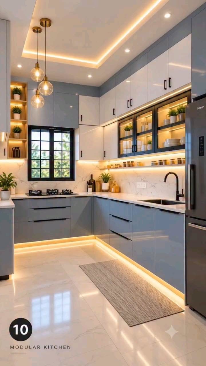 Bếp chữ L hiện đại với tủ sáng màu và đèn hắt