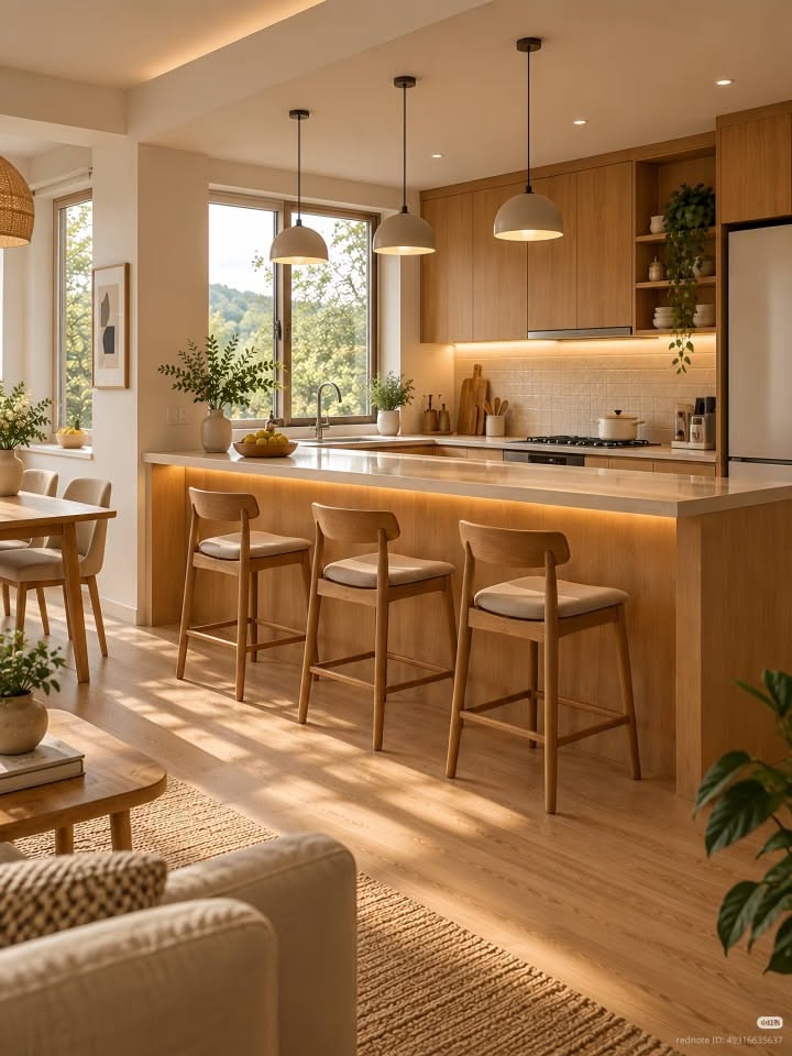 Bếp đảo gỗ lớn kết hợp bàn ăn và ghế bar