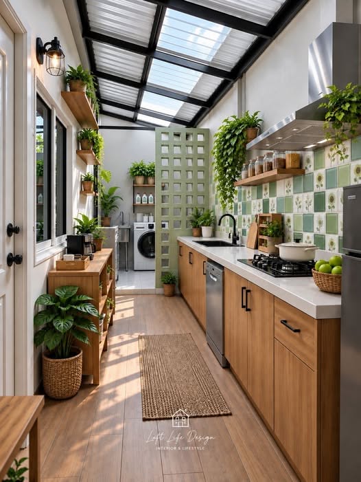 Bếp galley hai dãy dưới mái kính kết hợp cây leo
