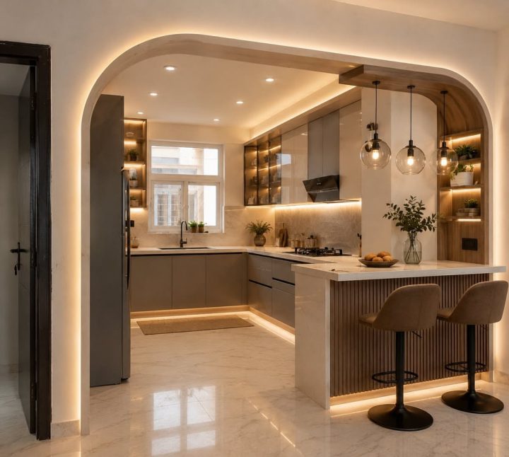 Bếp màu kem với quầy bar và cửa vòm mềm mại