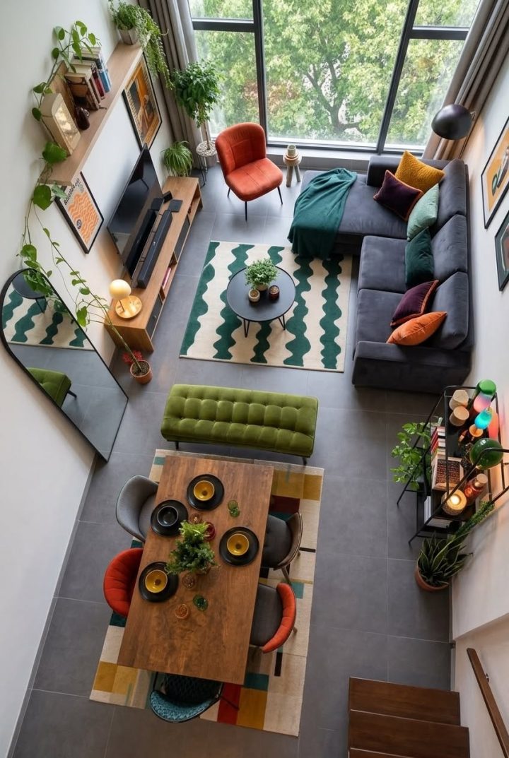 Bố cục phòng khách nhỏ với sofa và bàn trà trung tâm