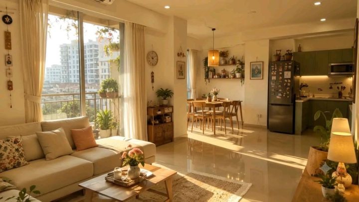 Căn hộ phòng khách liền bếp với ánh sáng chiều