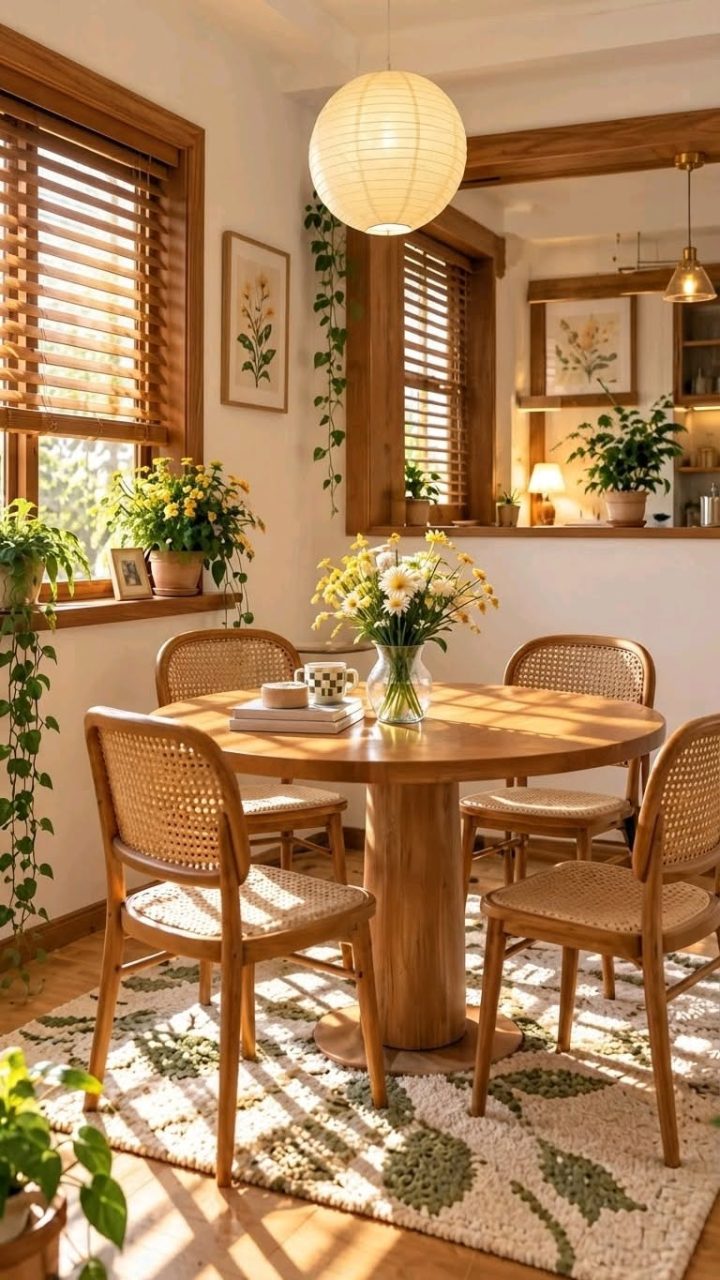 Góc bàn ăn tròn gỗ cạnh cửa sổ và rèm mây