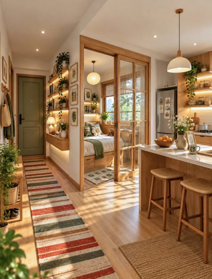 Góc bếp và bàn ăn nhỏ với sàn lát gạch màu