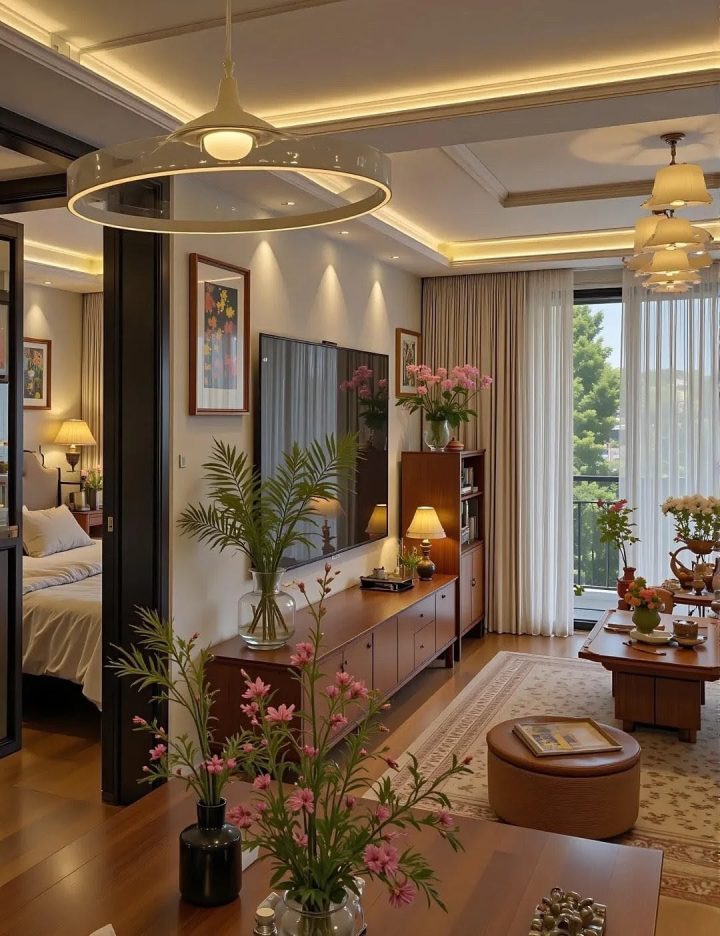 Góc hành lang trang trí tranh và kệ gỗ ấm áp