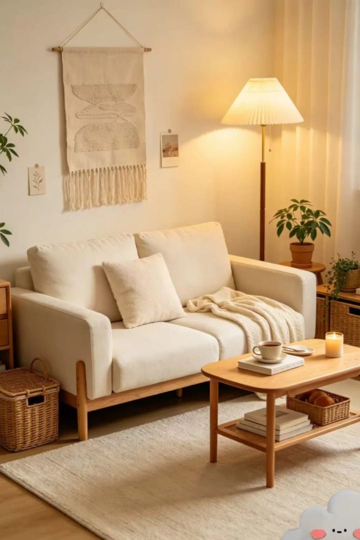 Góc phòng khách nhỏ với sofa đôi và đèn cây