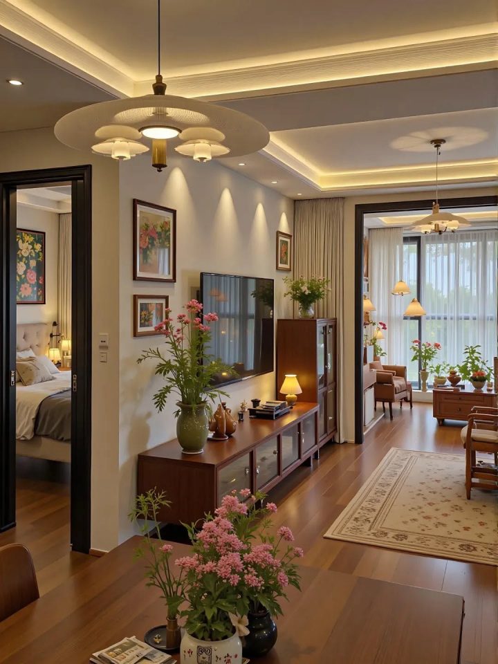 Hành lang nhà ấm áp với kệ trang trí và cây cảnh
