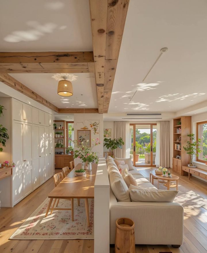 Không gian sinh hoạt mở với sofa đối diện và bếp phía sau