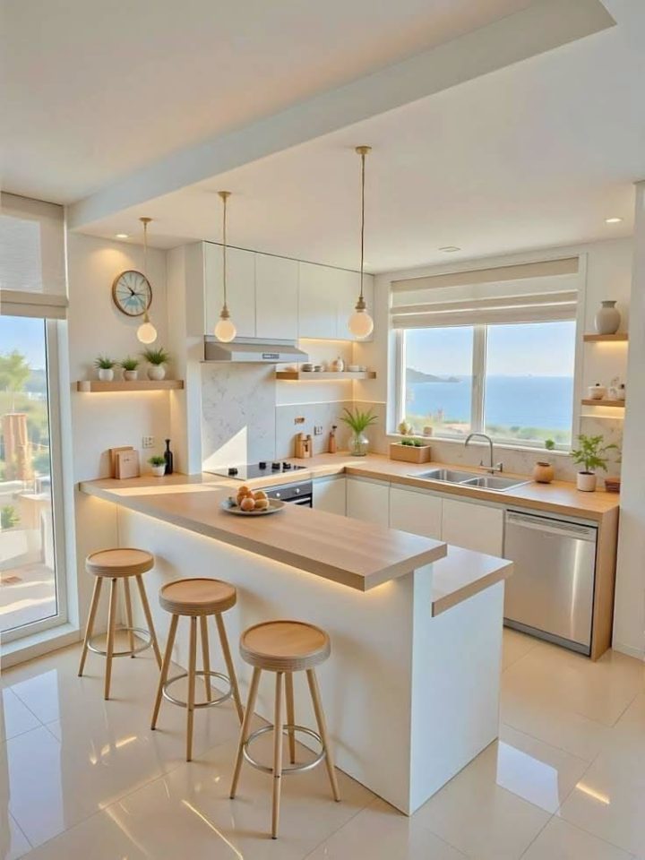 Phòng bếp màu trắng có đảo bếp hướng biển