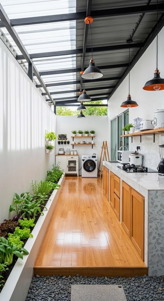 Phòng bếp một dãy dưới mái kính kết hợp cây xanh