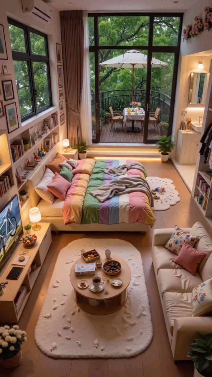 Phòng khách ấm cúng với ghế sofa thấp và bàn trà mộc