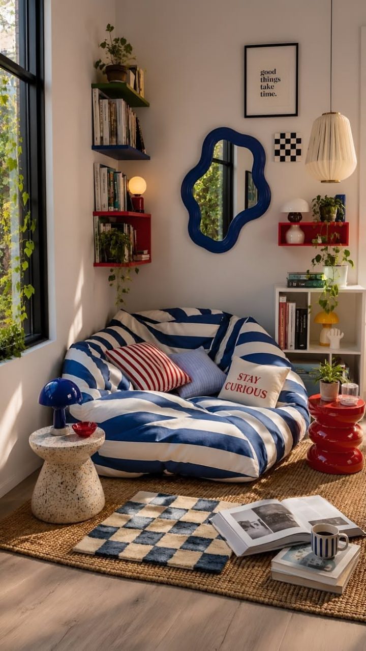 Phòng khách cá tính với sofa họa tiết và tranh treo tường