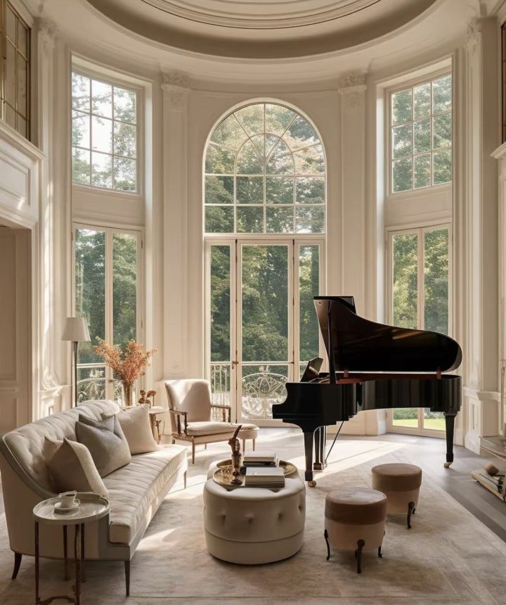 Phòng khách có đàn piano cạnh cửa sổ vòm lớn