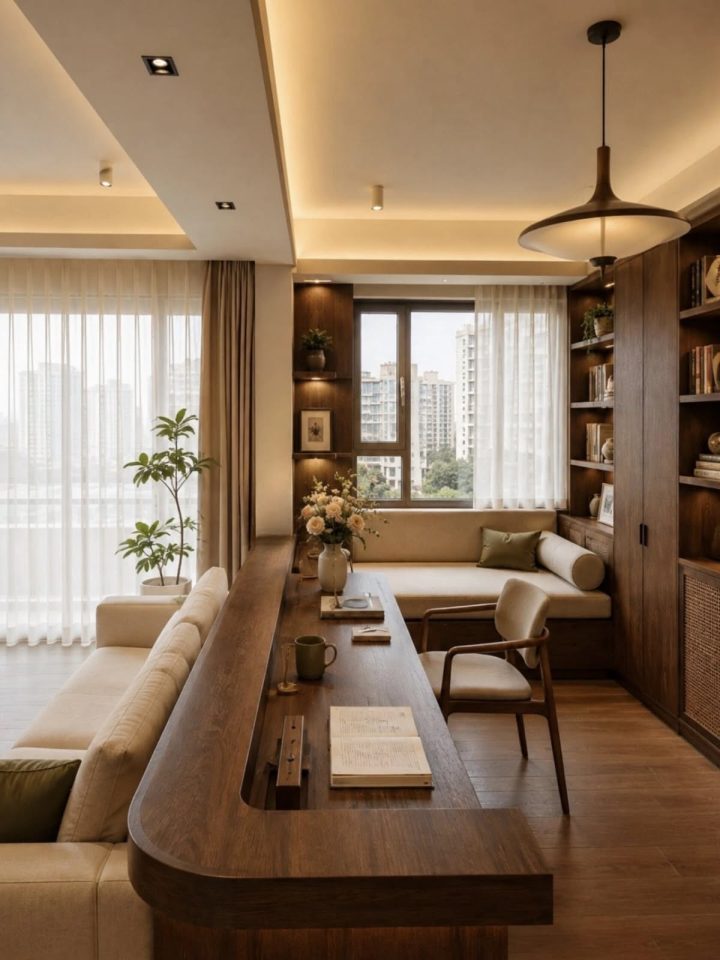 Phòng khách hẹp với sofa chữ L và kệ tivi âm tường