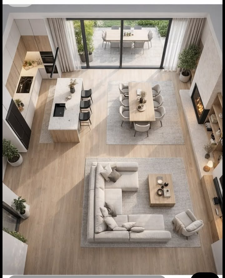 Phòng khách hiện đại với bố cục sofa chữ U nhìn từ trên cao