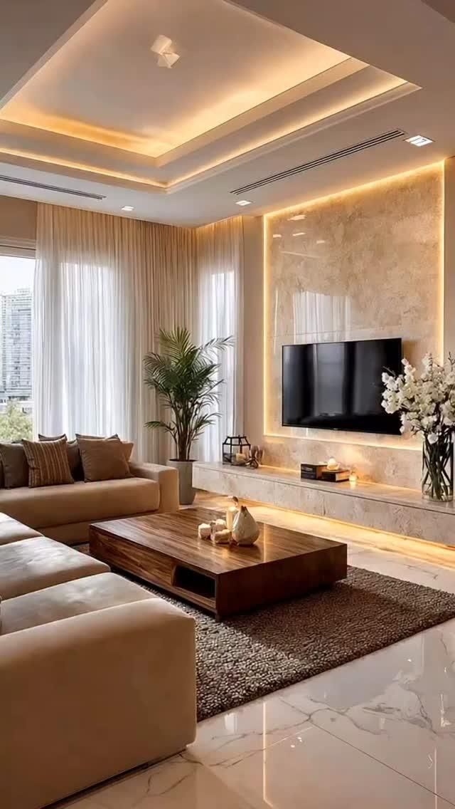 Phòng khách hiện đại với vách tivi và trần đèn hắt
