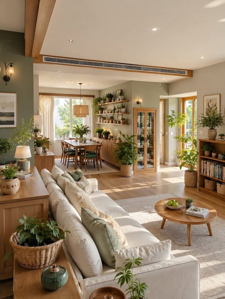 Phòng khách mở hướng vườn với ghế sofa màu kem