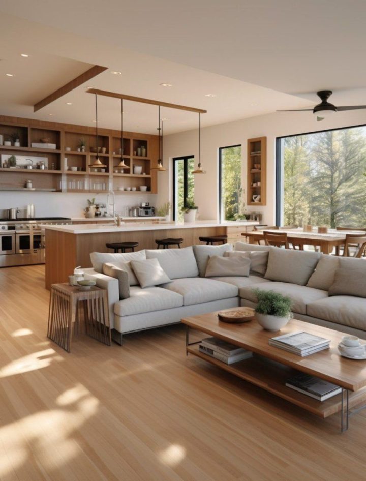 Phòng khách mở với sofa chữ L và kệ sách lớn