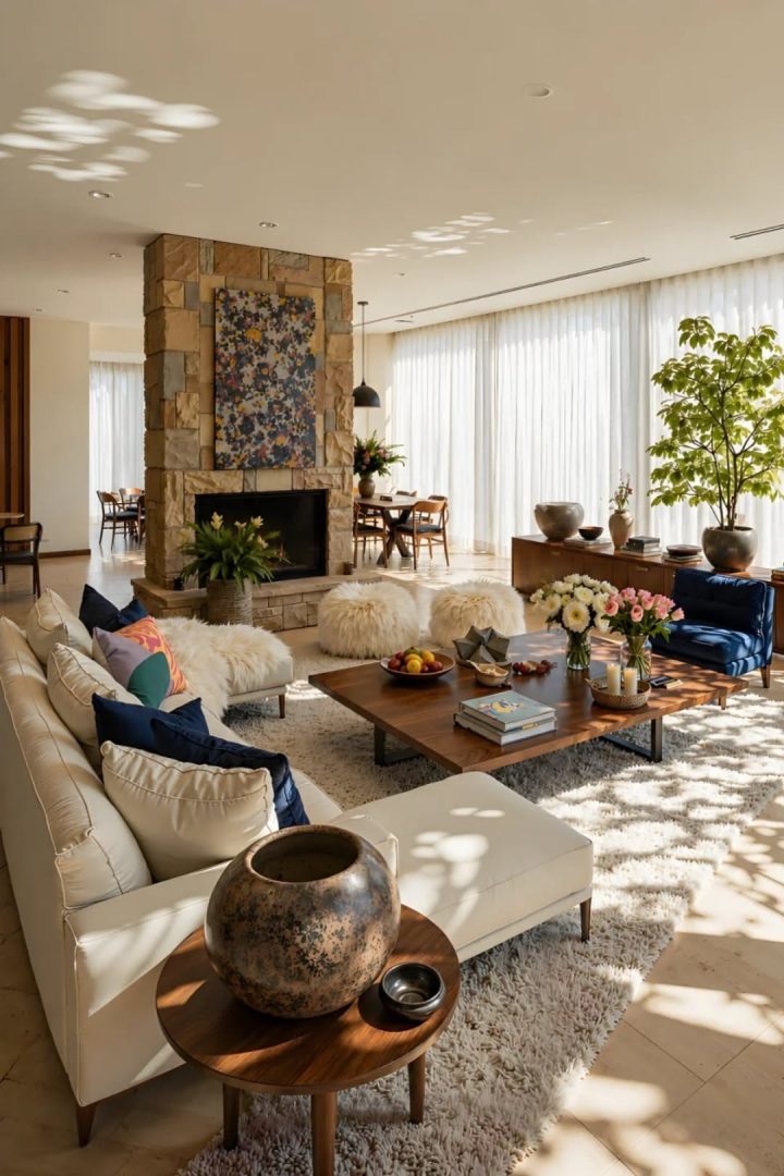 Phòng khách mộc mạc với đá tự nhiên và sofa tối màu