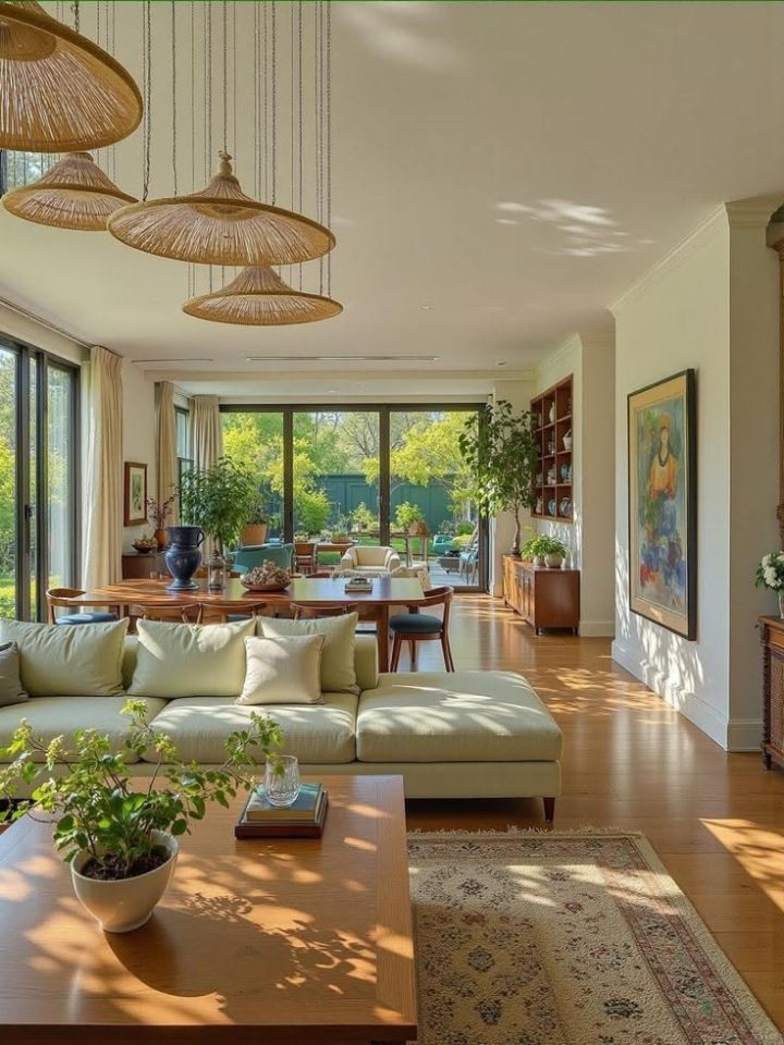 Phòng khách ngập nắng với sofa sáng màu và cây xanh