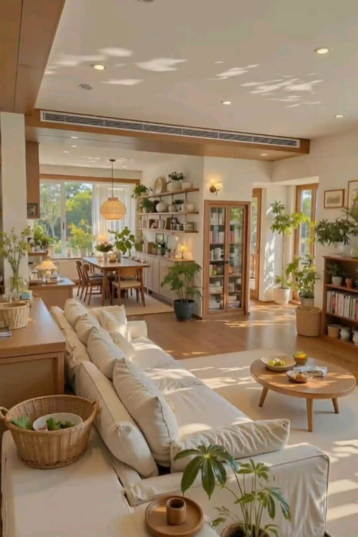 Phòng khách nhà vườn ấm áp với bàn trà tròn