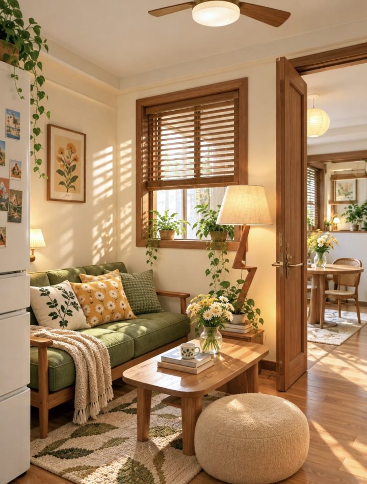 Phòng khách nhỏ có sofa xanh lá và rèm gỗ