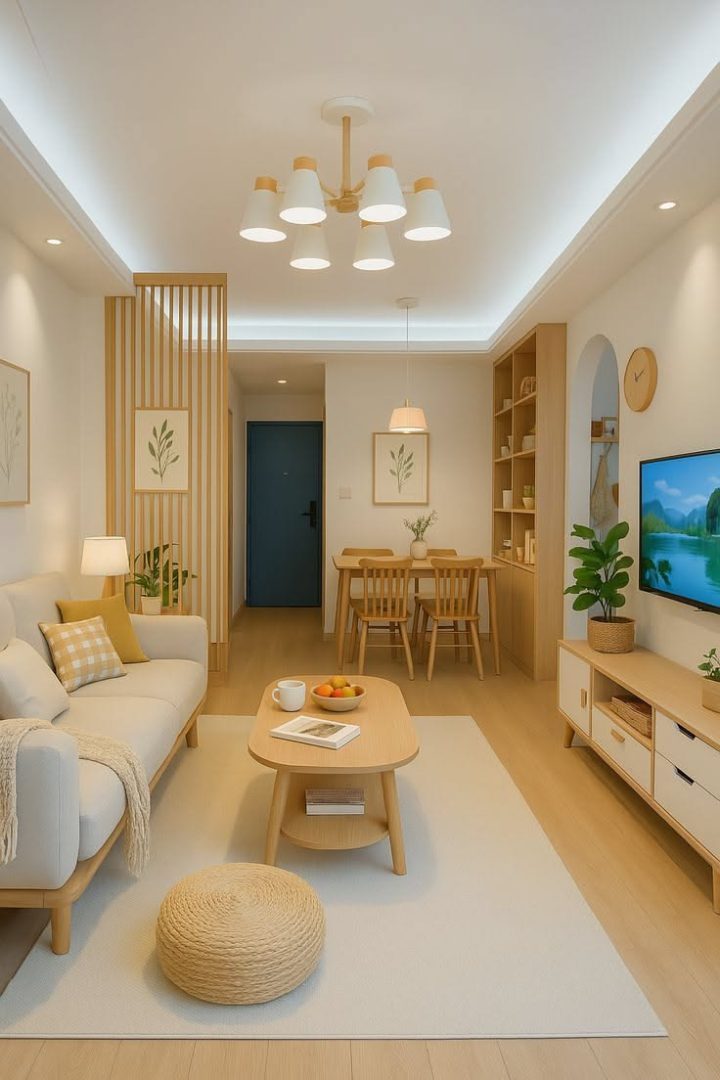 Phòng khách nhỏ màu kem với đèn chùm trung tâm