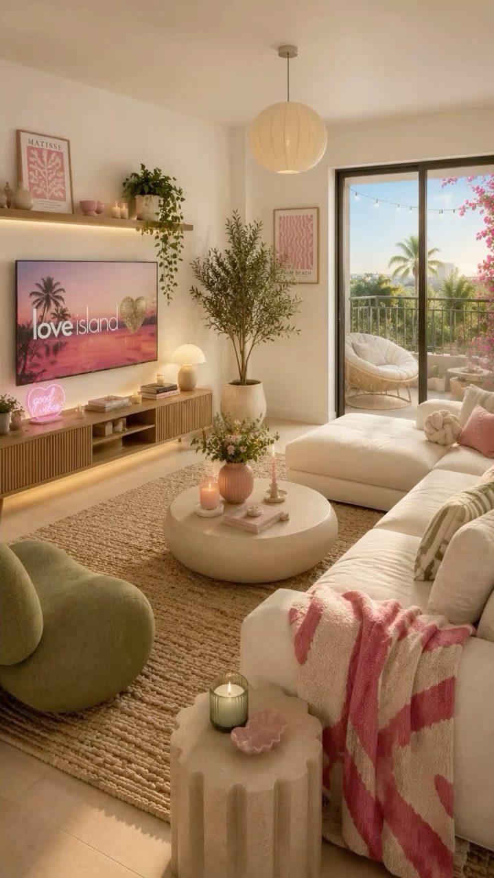 Phòng khách nữ tính với sofa hồng và đồ nội thất sáng