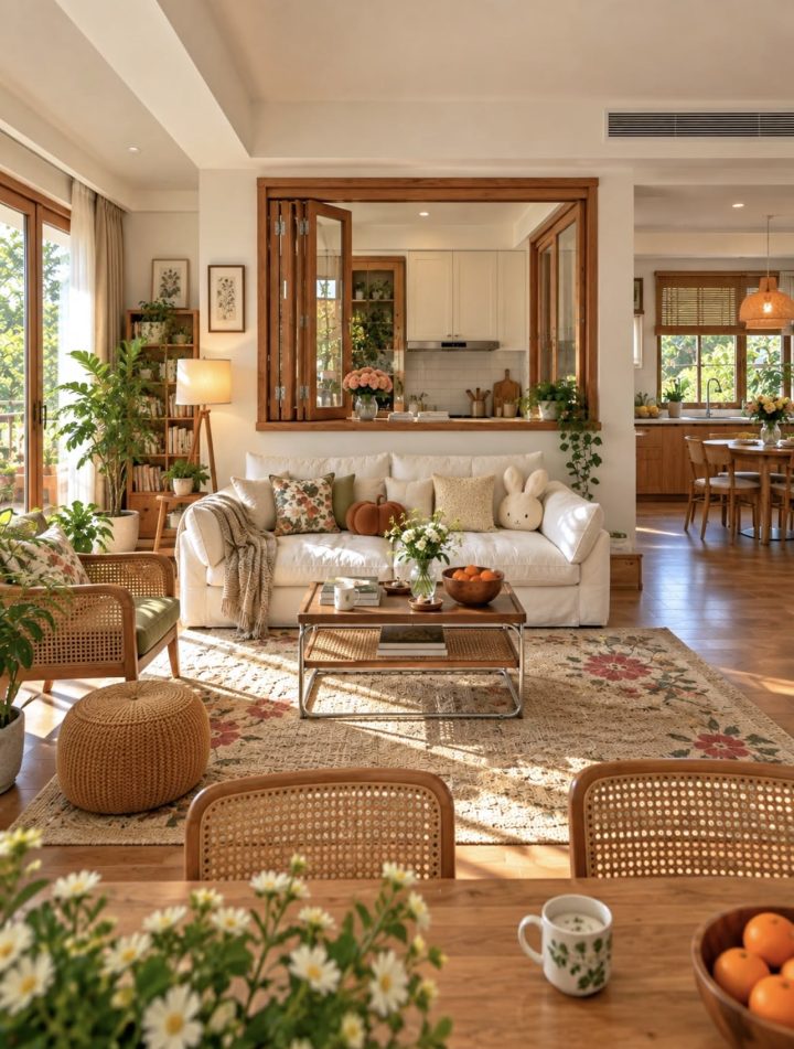 Phòng khách phong cách đồng quê với sofa hoa văn