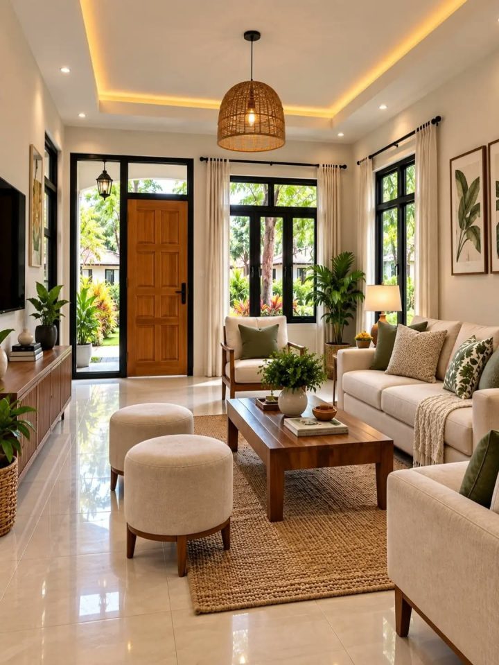 Phòng khách sáng màu với hai sofa đối diện