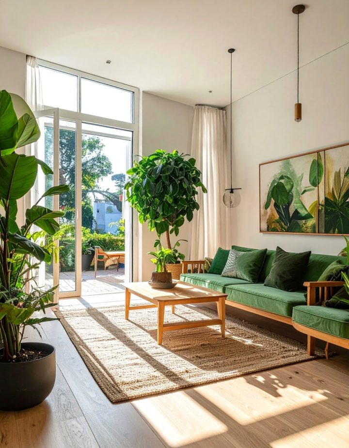 Phòng khách sofa xanh rêu cạnh cửa sổ sát sàn
