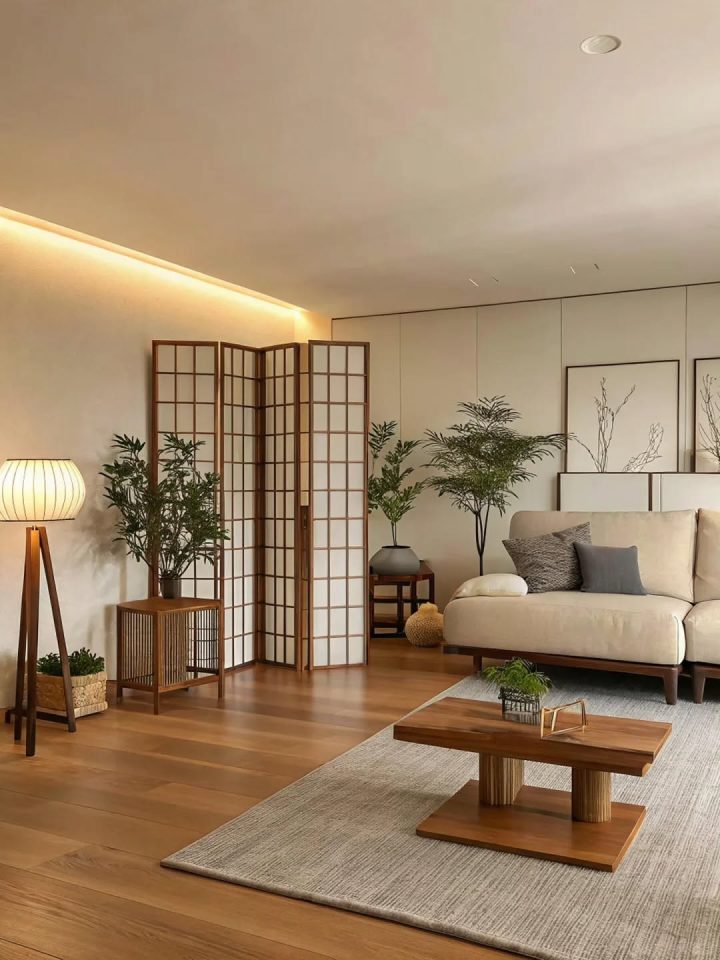 Phòng khách tối giản với vách ngăn kính khung đen