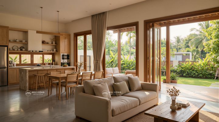Phòng khách và bếp ăn mở hướng ra sân vườn