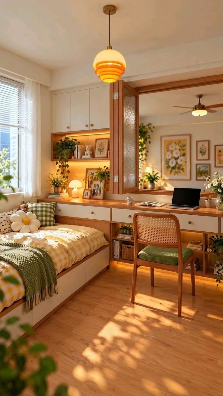 Phòng ngủ kết hợp bàn làm việc gỗ và đèn thả