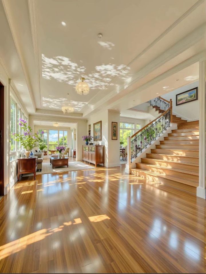 Sảnh nhà rộng với cầu thang gỗ và sàn bóng sáng