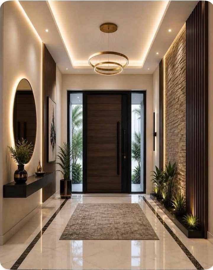 Sảnh vào nhà phong cách hiện đại với đèn trần âm
